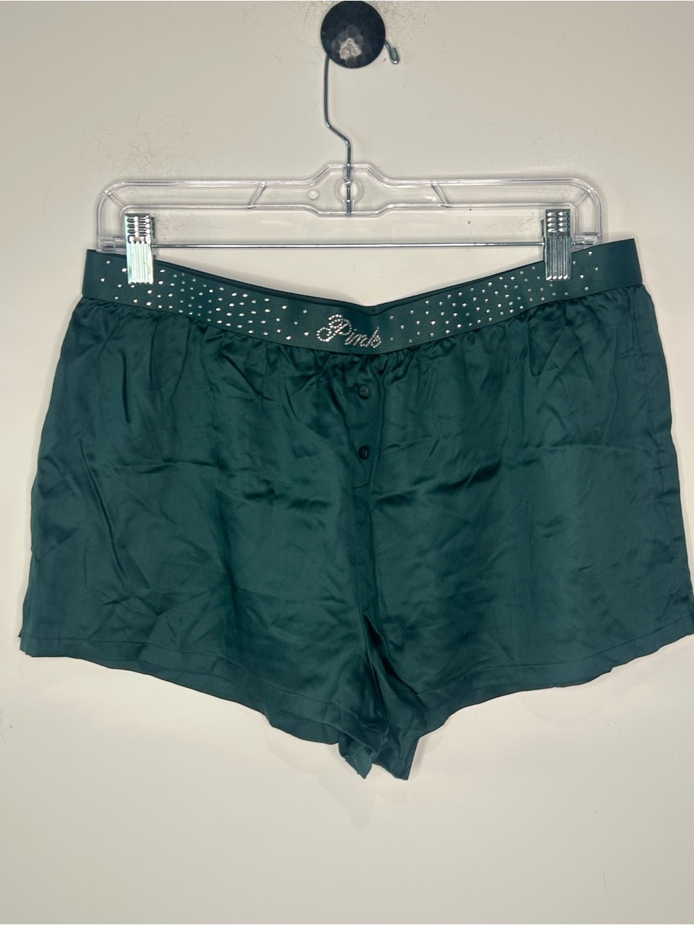 PINK Victoria’s Secret Silky Sleep Shine Shorts Green Rhinestone Logo NWT L